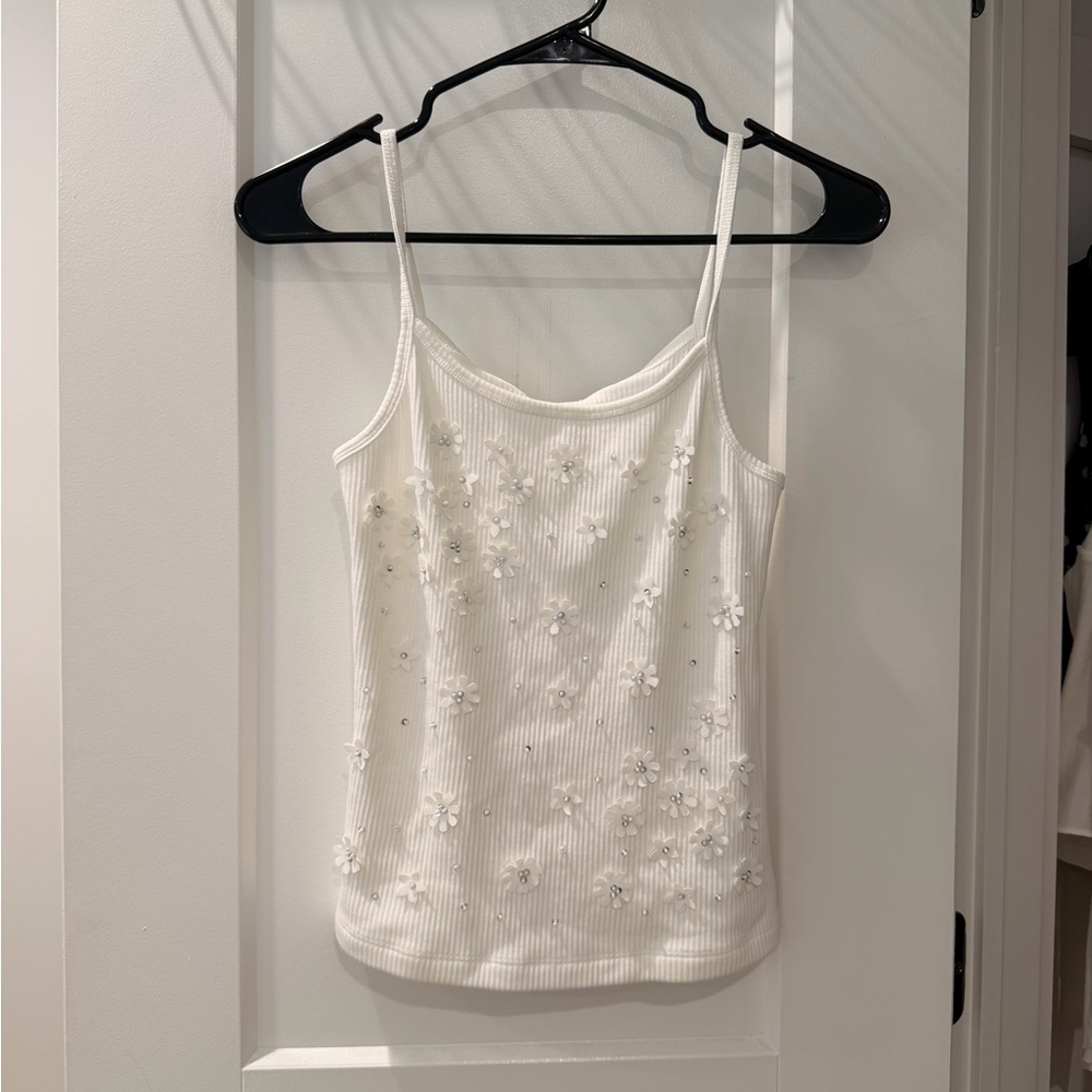 White Floral Appliqué Ribbed Cami